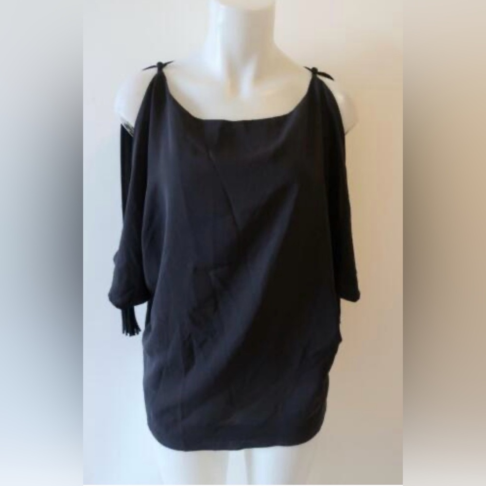 Leyendecker Boatneck Cold Shoulder Short Sleeve Tassel Silk Blouse in Black